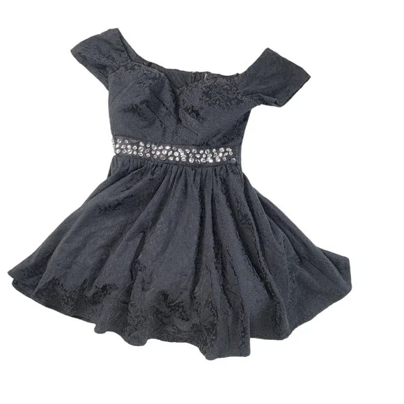 Trixxi Fit and Flare Mini Cocktail Dress Womens Junior Sz M Black Floral Gems - Picture 7 of 16